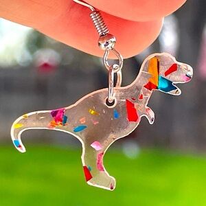 🦖 Dinosaur tyrannosaurus T-Rex drop earrings acrylic confetti glitter gift